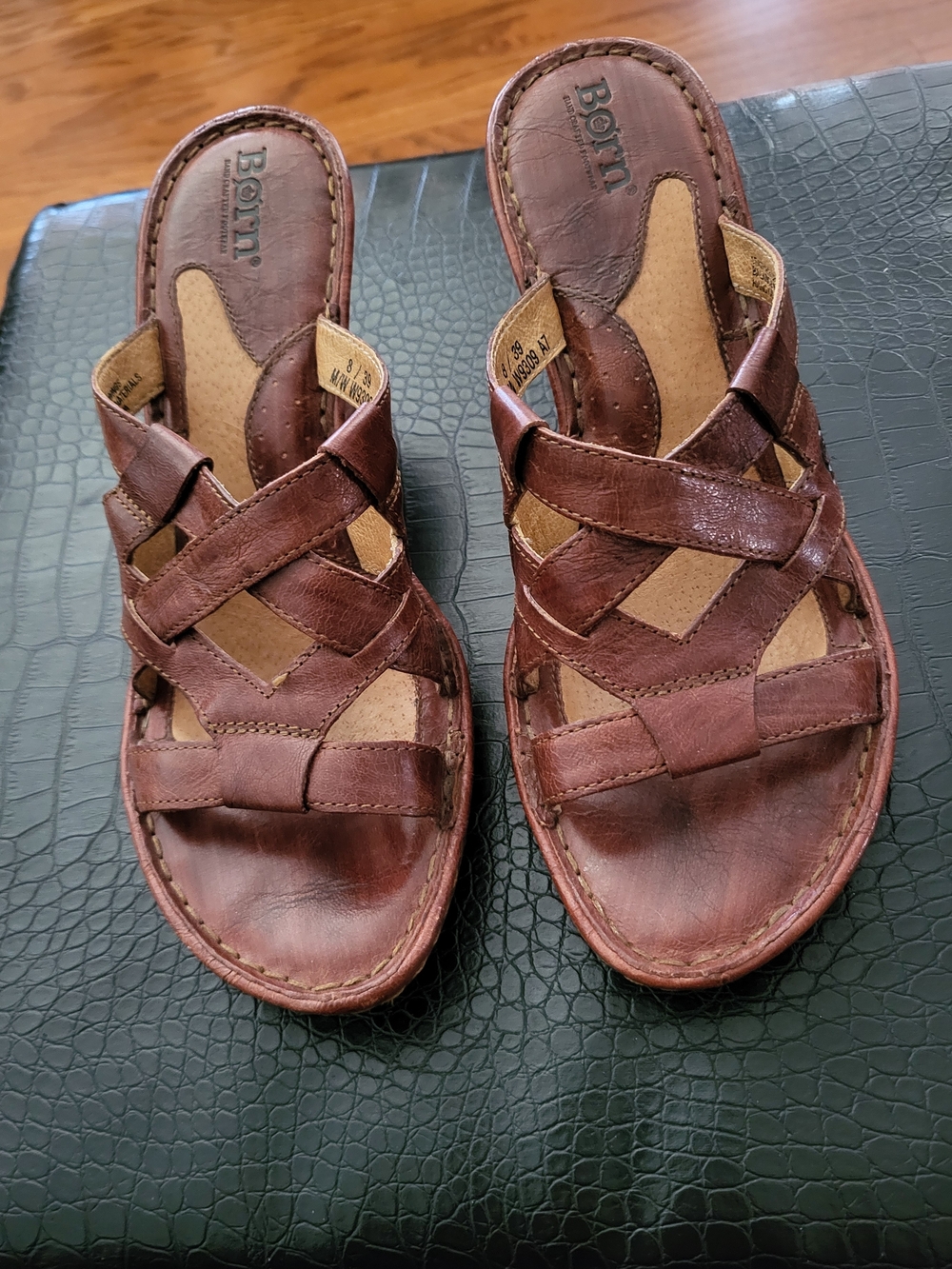 Born Brown Woven Leather Slide Sandals Wedge